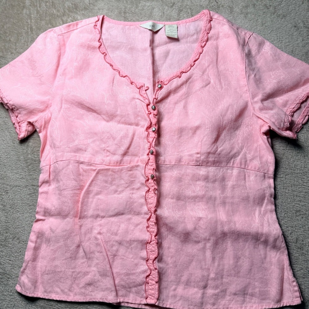 J.Jill‎ Pink Linen Ruffle Top Short Sleeve  SP Coquette Soft Girl Shabby Chic